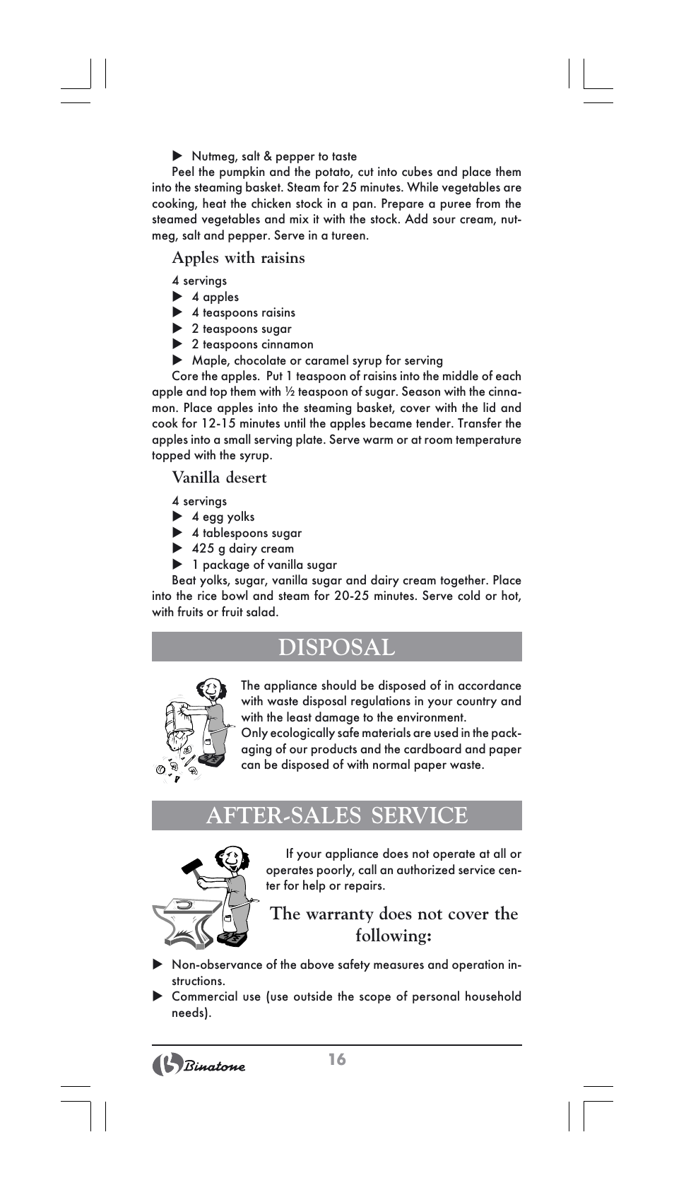 Disposal, After-sales service, The warranty does not cover the following | Binatone FS-202 User Manual | Page 16 / 66