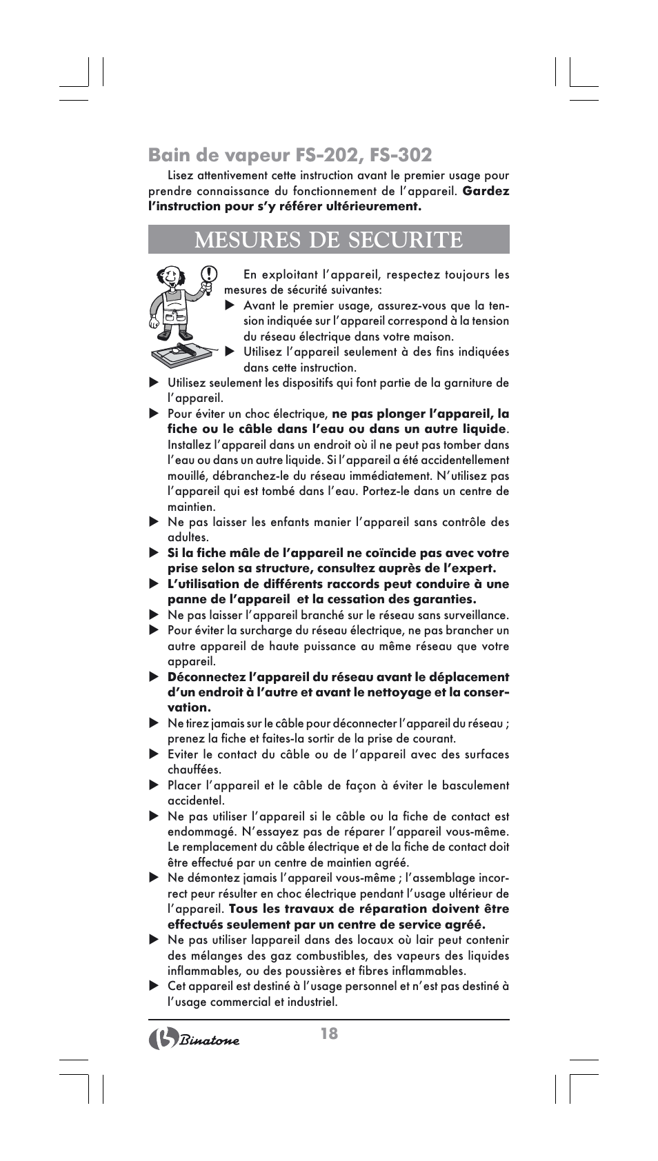 Mesures de securite | Binatone FS-202 User Manual | Page 18 / 66