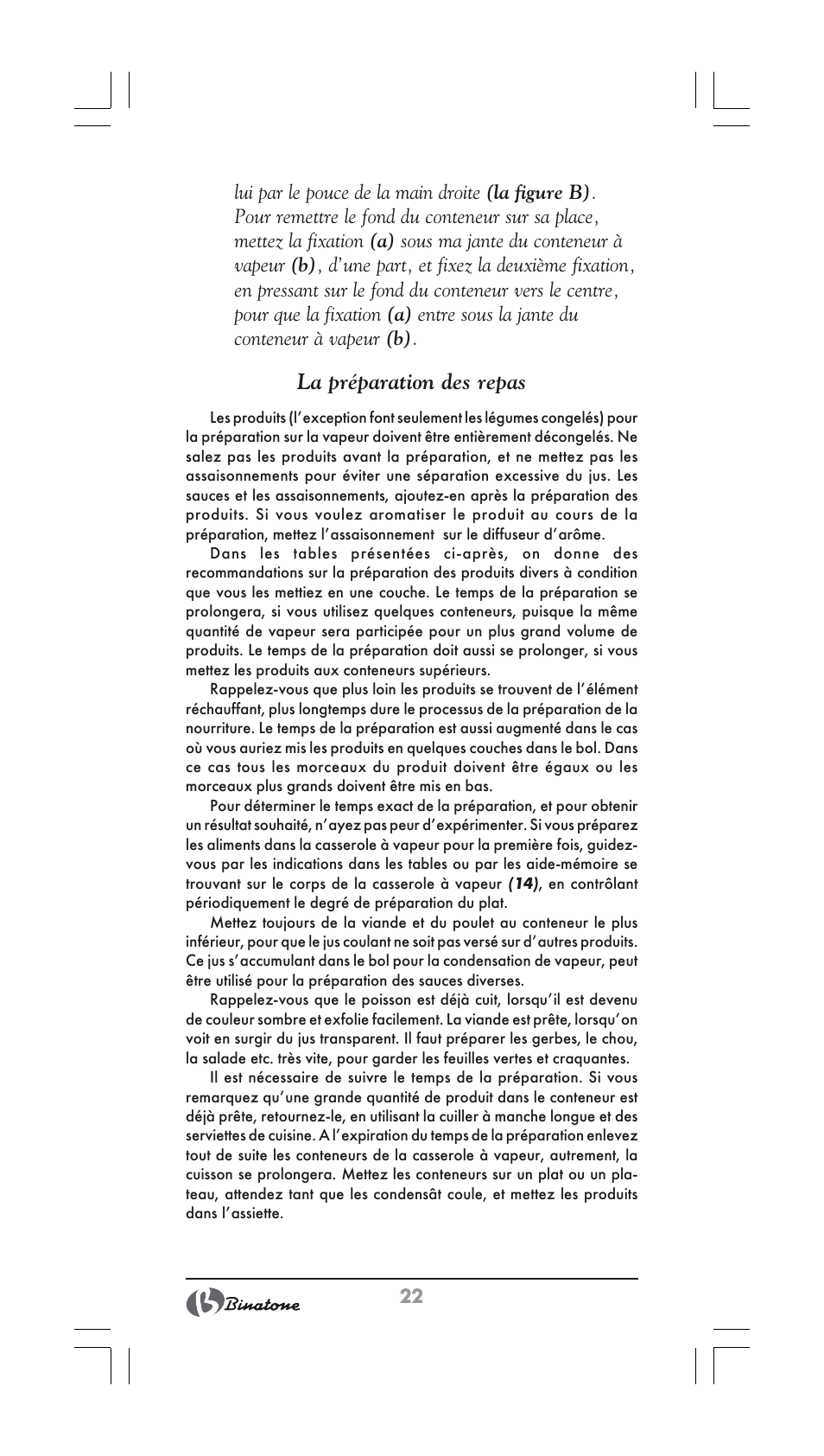 La préparation des repas | Binatone FS-202 User Manual | Page 22 / 66