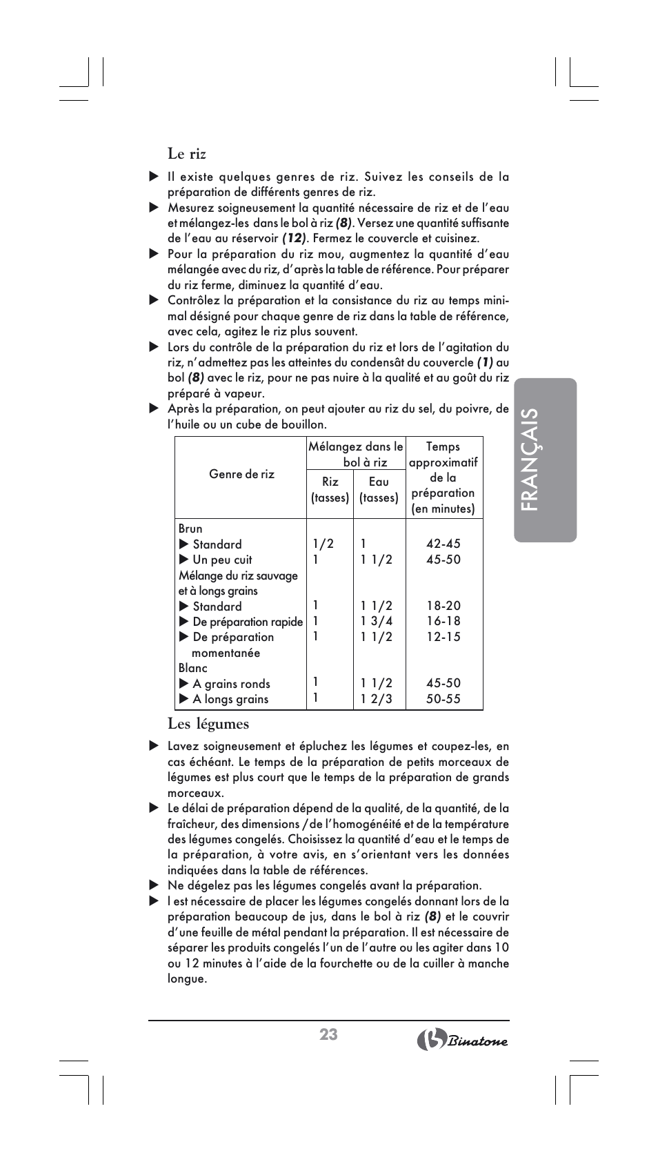 Français, Le riz, Les légumes | Binatone FS-202 User Manual | Page 23 / 66