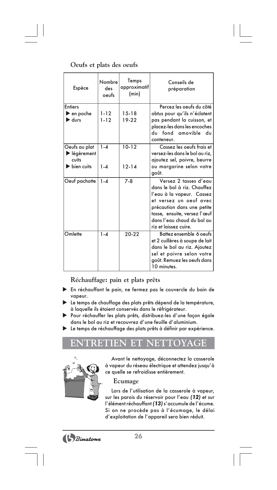 Entretien et nettoyage, 26 oeufs et plats des oeufs, Réchauffage: pain et plats prêts | Ecumage | Binatone FS-202 User Manual | Page 26 / 66