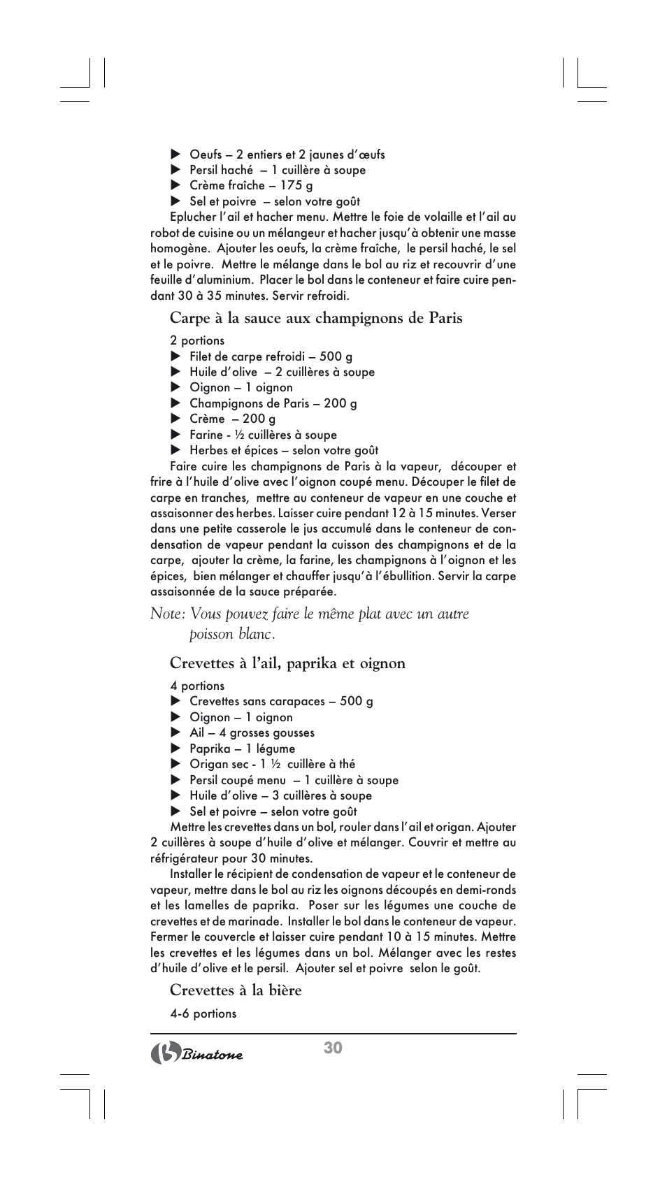 Carpe à la sauce aux champignons de paris, Crevettes à la bière | Binatone FS-202 User Manual | Page 30 / 66