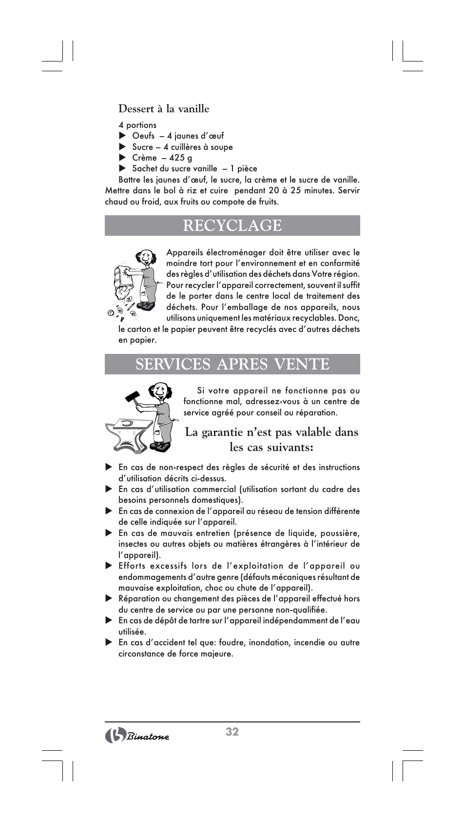 Recyclage, Services apres vente | Binatone FS-202 User Manual | Page 32 / 66
