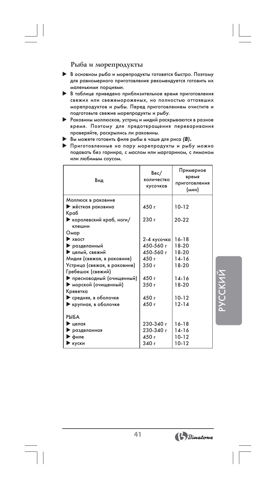 Русский, Рыба и морепродукты | Binatone FS-202 User Manual | Page 41 / 66
