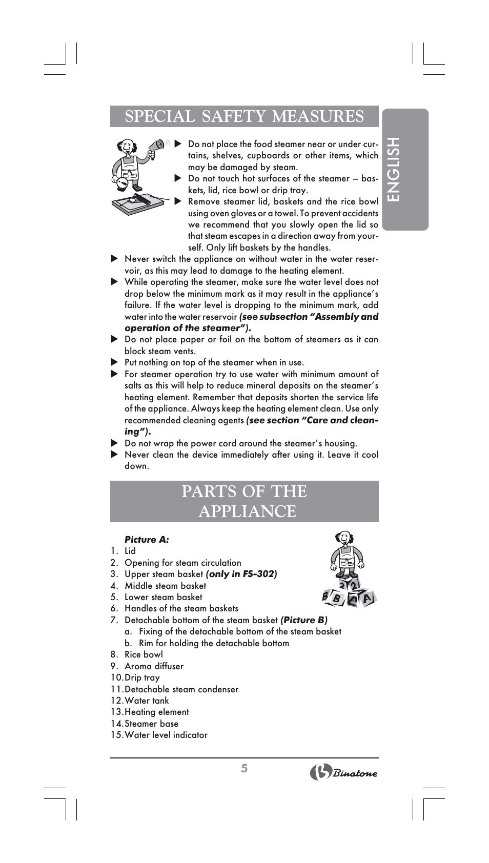 English special safety measures, Parts of the appliance | Binatone FS-202 User Manual | Page 5 / 66
