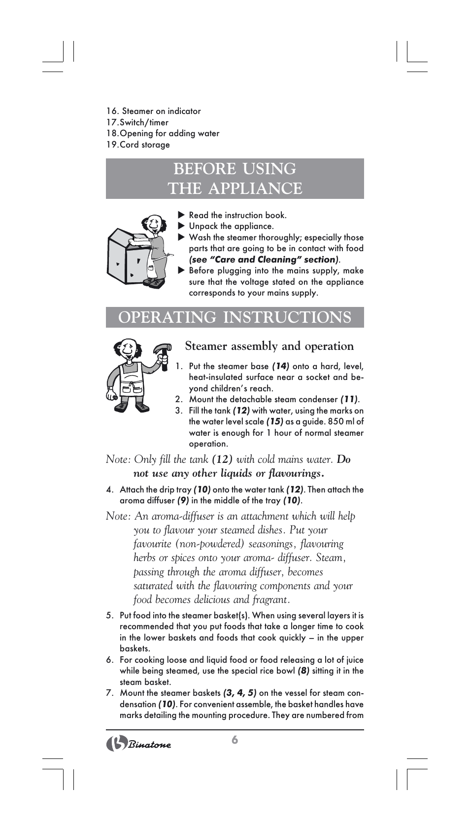 Before using the appliance, Operating instructions, Steamer assembly and operation | Binatone FS-202 User Manual | Page 6 / 66