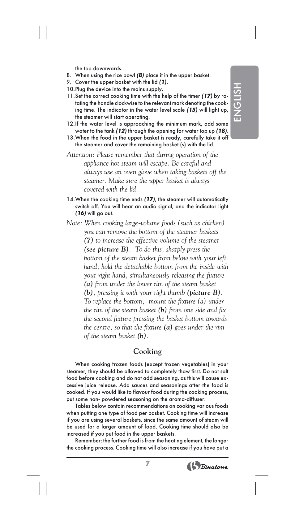 English, Cooking | Binatone FS-202 User Manual | Page 7 / 66