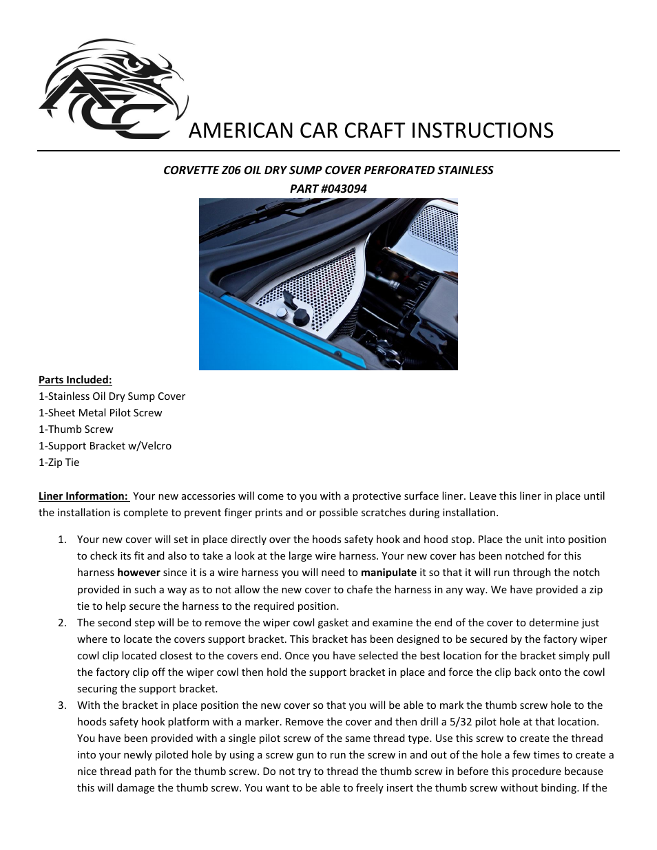 American Car Craft Corvette Dry Sump Oil Tank Cover Perforated 2006-2013 Z06+GS only User Manual | 2 pages