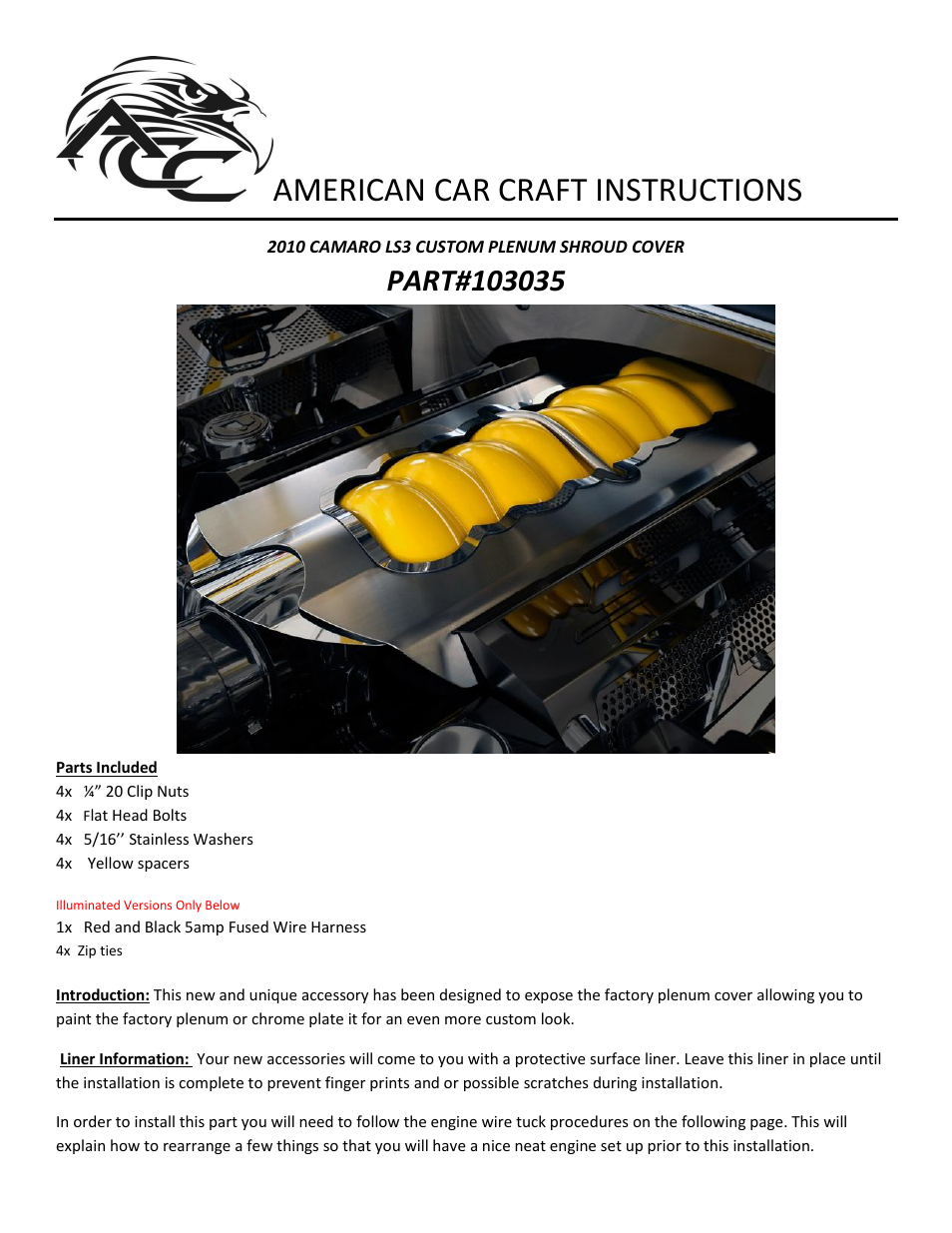 American Car Craft Camaro Plenum Cover Brushed_Polished 2010-2013 User Manual | 3 pages