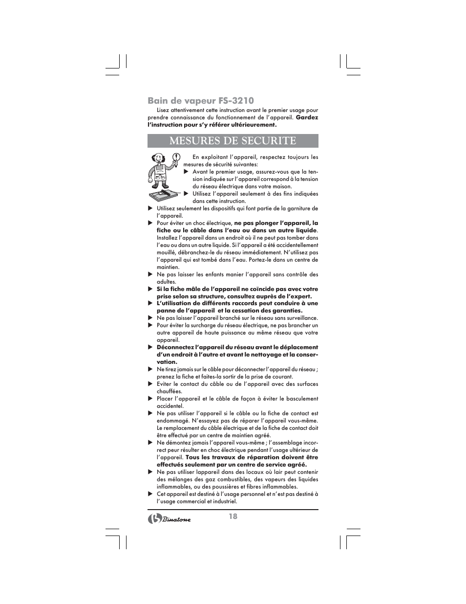 Mesures de securite, Bain de vapeur fs 3210 | Binatone FS-3210 User Manual | Page 18 / 66