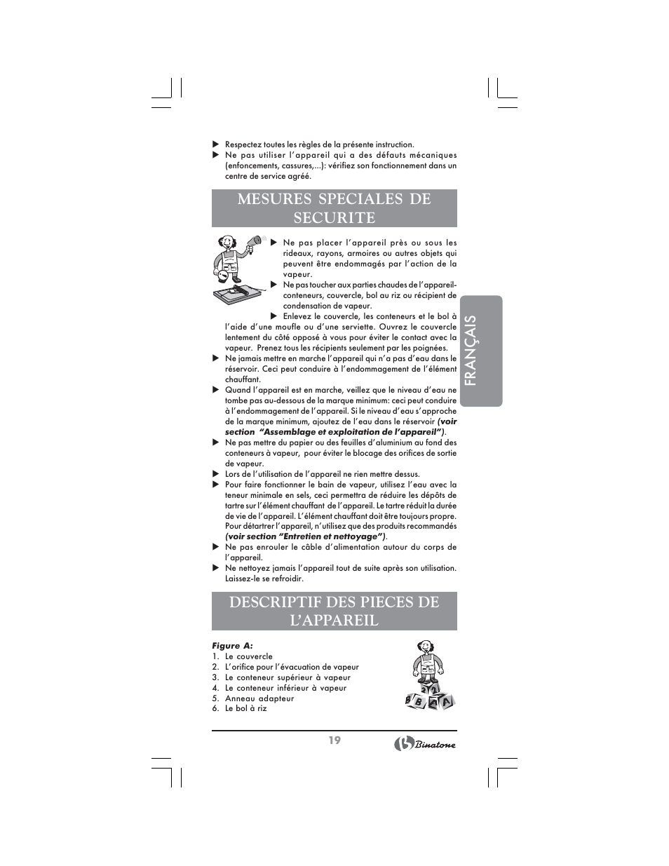 Français, Mesures speciales de securite, Descriptif des pieces de l’appareil | Binatone FS-3210 User Manual | Page 19 / 66