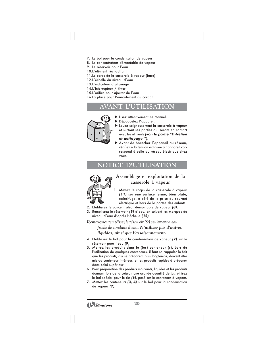 Avant l’utilisation, Notice d’utilisation | Binatone FS-3210 User Manual | Page 20 / 66