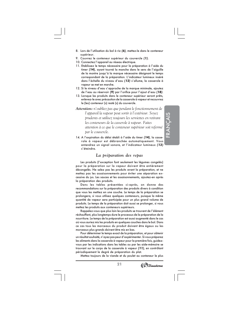 Français, La préparation des repas | Binatone FS-3210 User Manual | Page 21 / 66