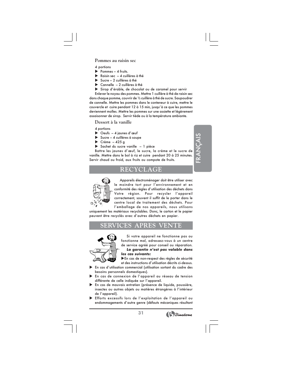 Français, Recyclage, Services apres vente | Binatone FS-3210 User Manual | Page 31 / 66