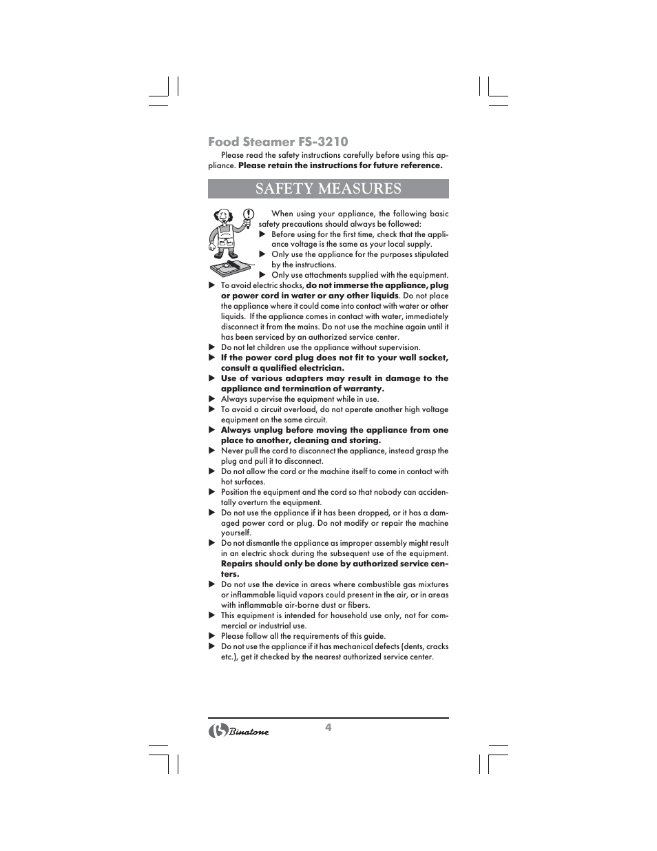 Safety measures, Food steamer fs 3210 | Binatone FS-3210 User Manual | Page 4 / 66