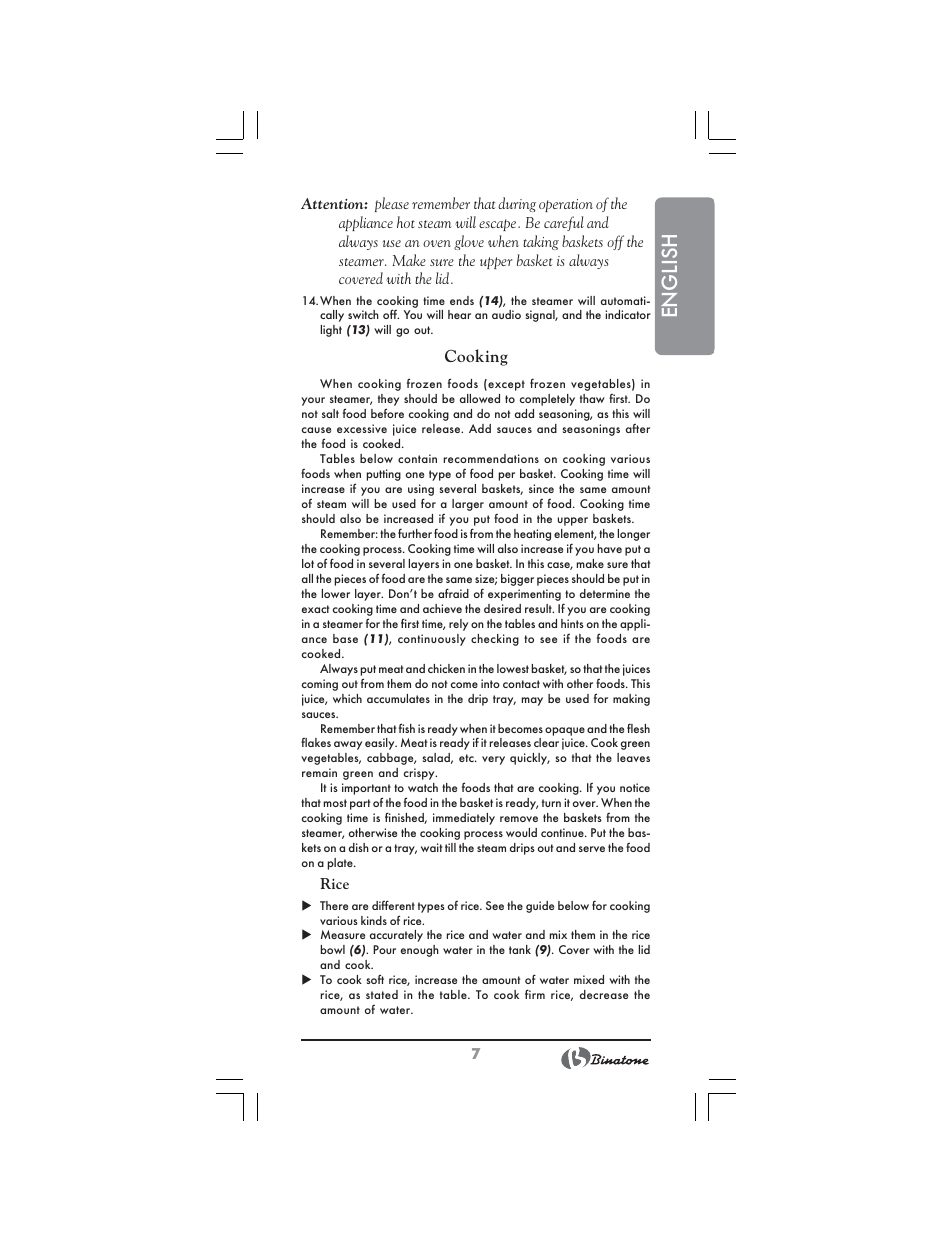 English, Cooking | Binatone FS-3210 User Manual | Page 7 / 66