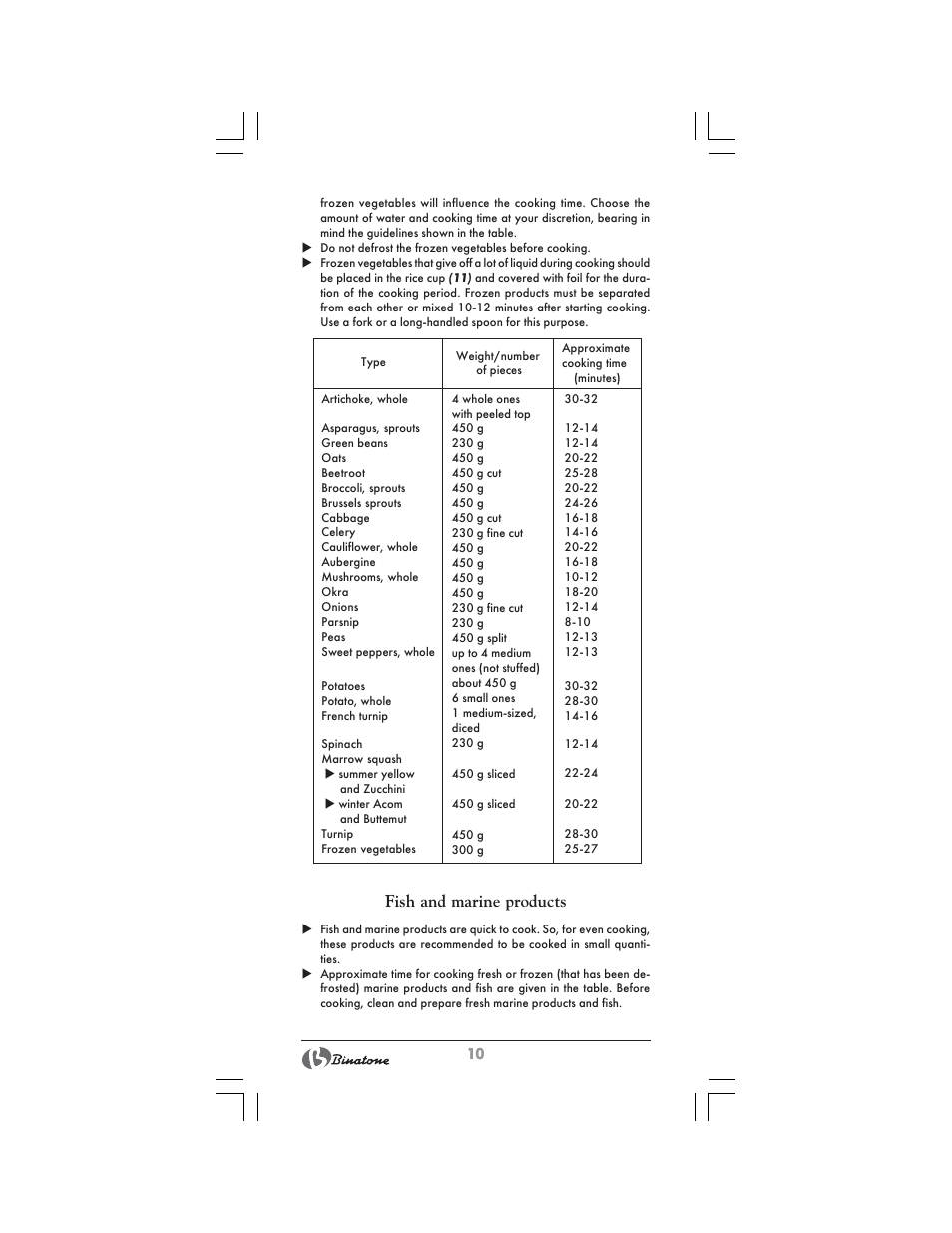 Fish and marine products | Binatone FS-404 D User Manual | Page 10 / 70