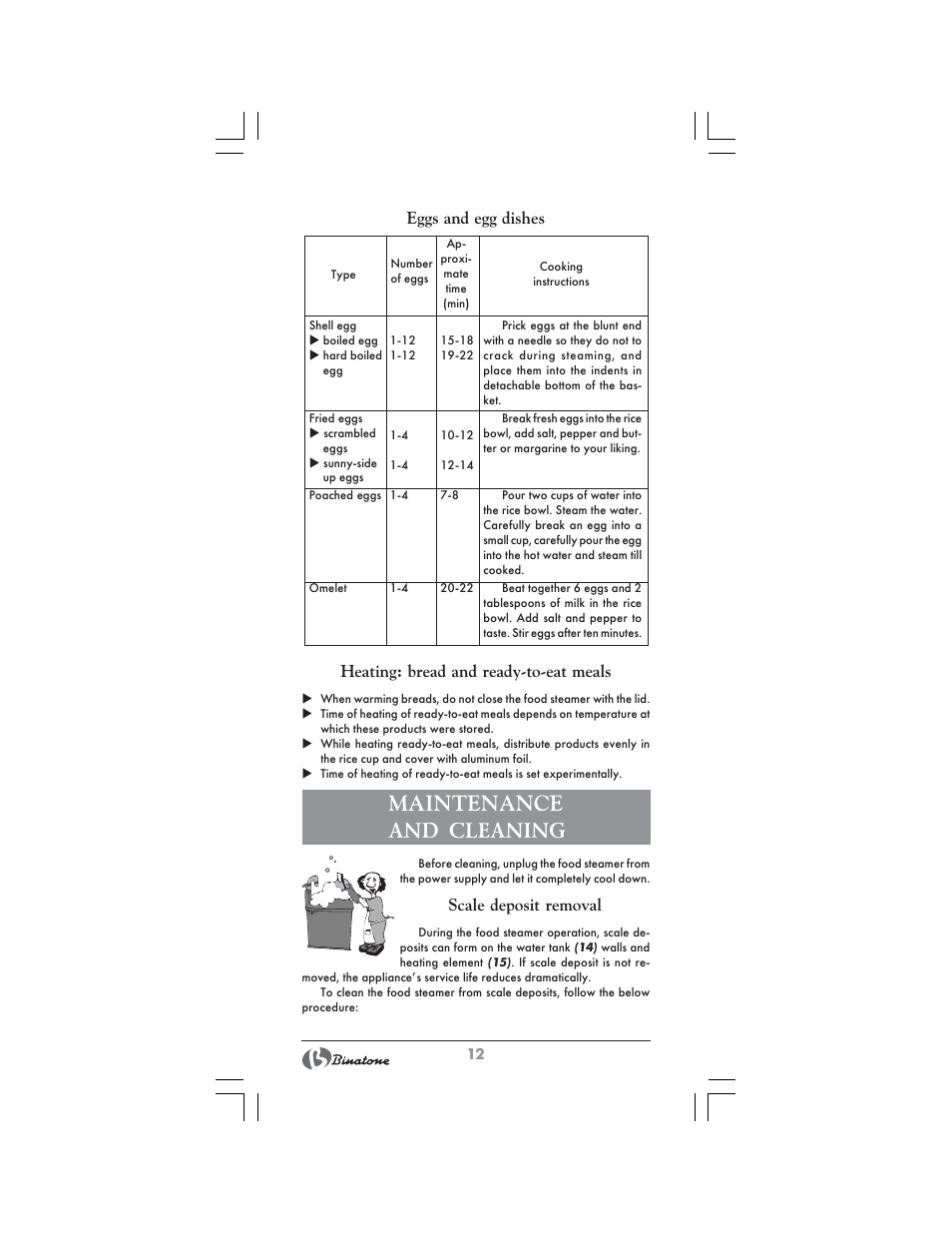 Maintenance and cleaning, Scale deposit removal | Binatone FS-404 D User Manual | Page 12 / 70