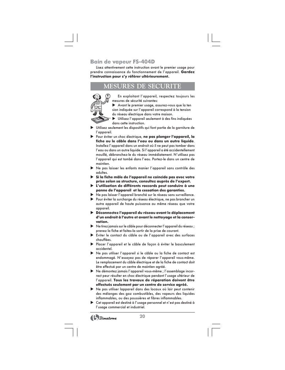 Mesures de securite, Bain de vapeur fs-404d | Binatone FS-404 D User Manual | Page 20 / 70