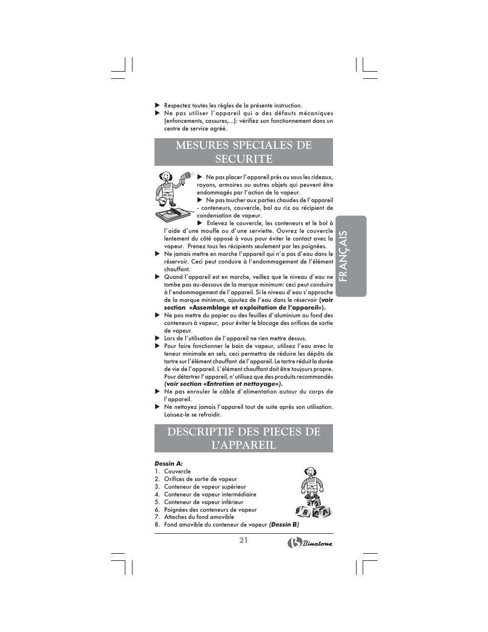 Français, Mesures speciales de securite, Descriptif des pieces de l’appareil | Binatone FS-404 D User Manual | Page 21 / 70