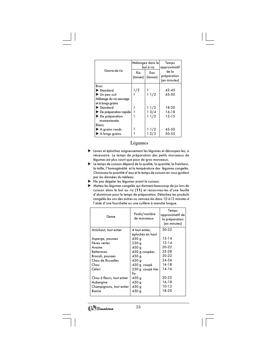 Légumes | Binatone FS-404 D User Manual | Page 26 / 70