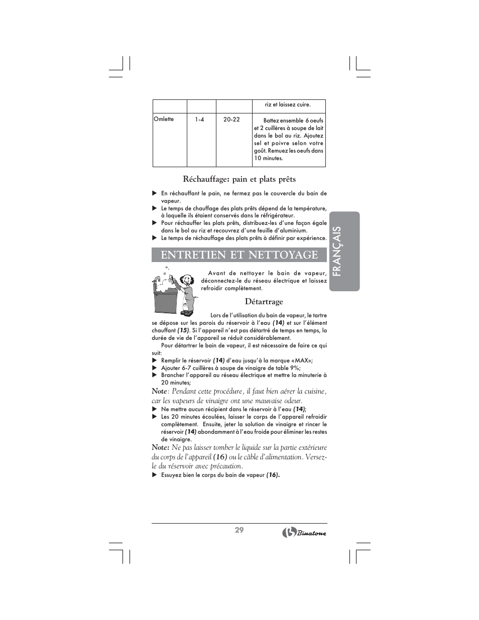 Français, Entretien et nettoyage | Binatone FS-404 D User Manual | Page 29 / 70