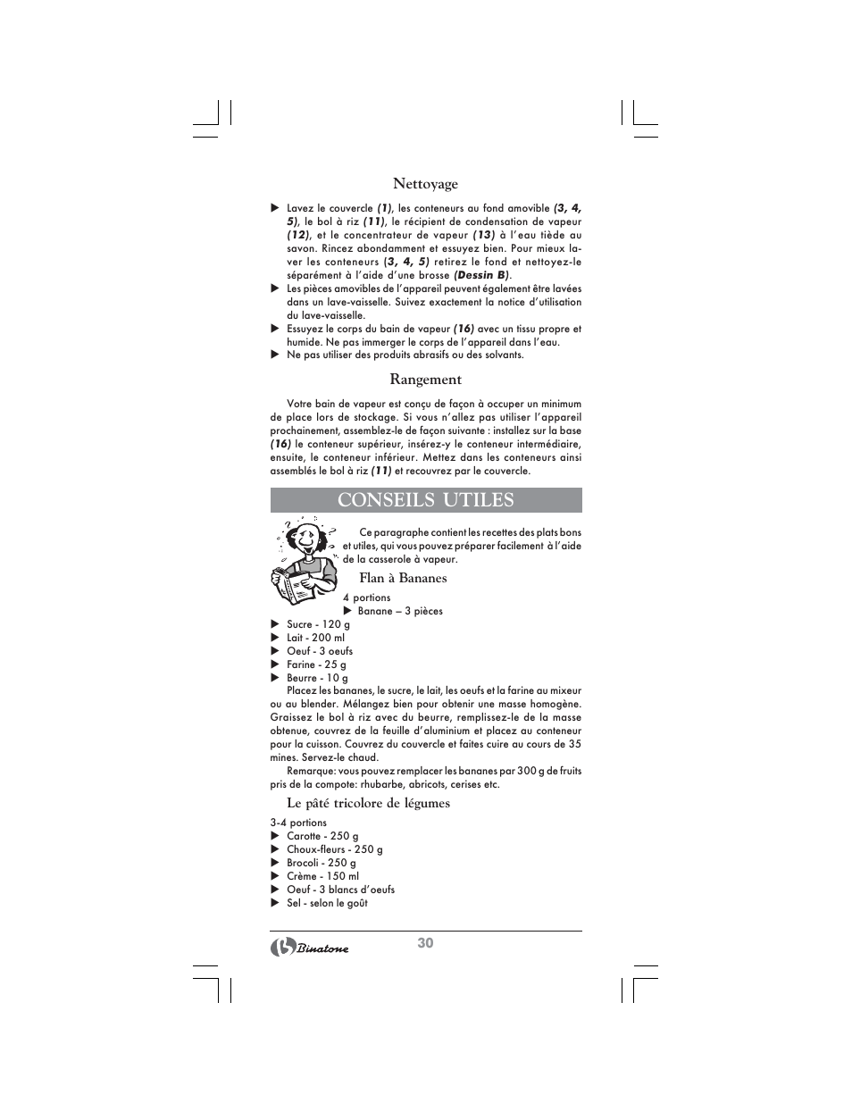 Conseils utiles, Nettoyage, Rangement | Binatone FS-404 D User Manual | Page 30 / 70