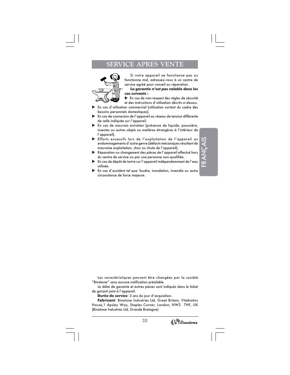 Français service apres vente | Binatone FS-404 D User Manual | Page 35 / 70