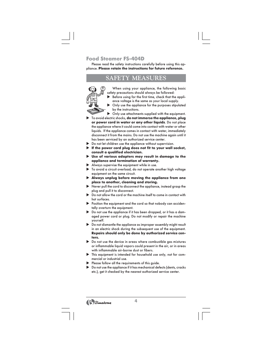 Safety measures, Food steamer fs-404d | Binatone FS-404 D User Manual | Page 4 / 70