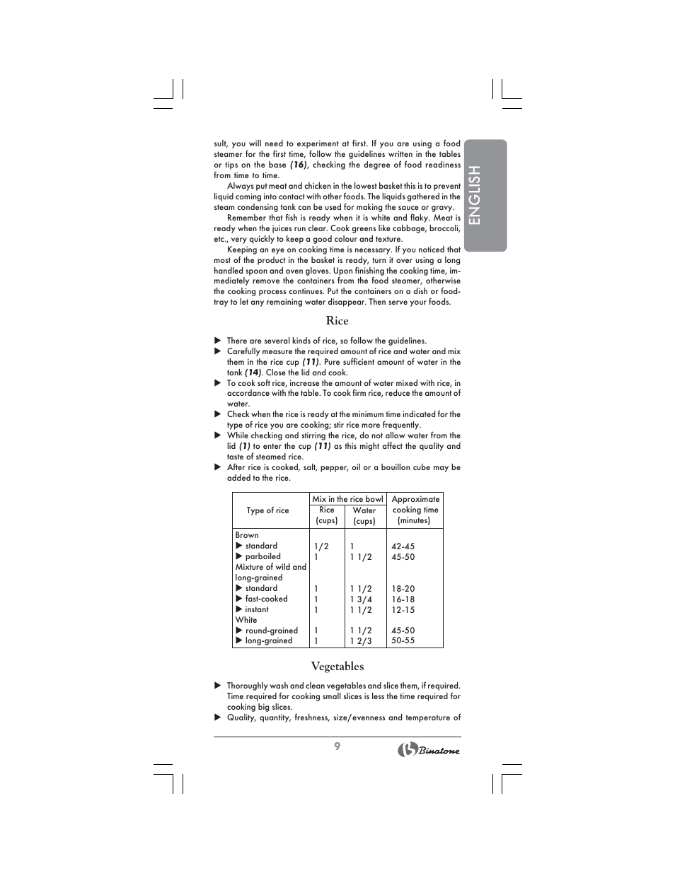 English, Rice, Vegetables | Binatone FS-404 D User Manual | Page 9 / 70