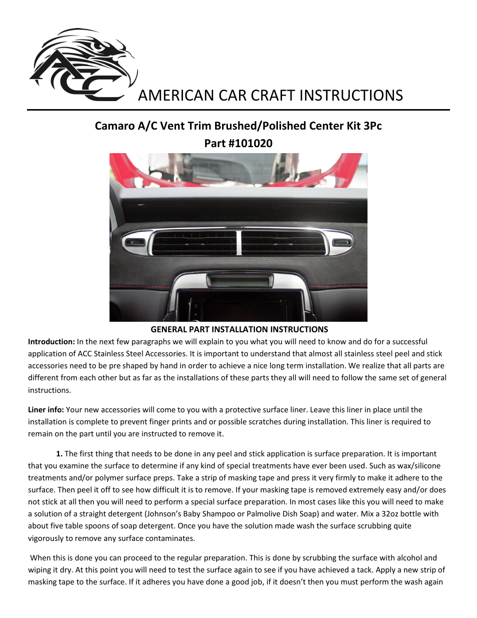 American Car Craft Camaro A_C Vent Trim Brushed_Polished Center Kit 3Pc 2012-2013 User Manual | 2 pages