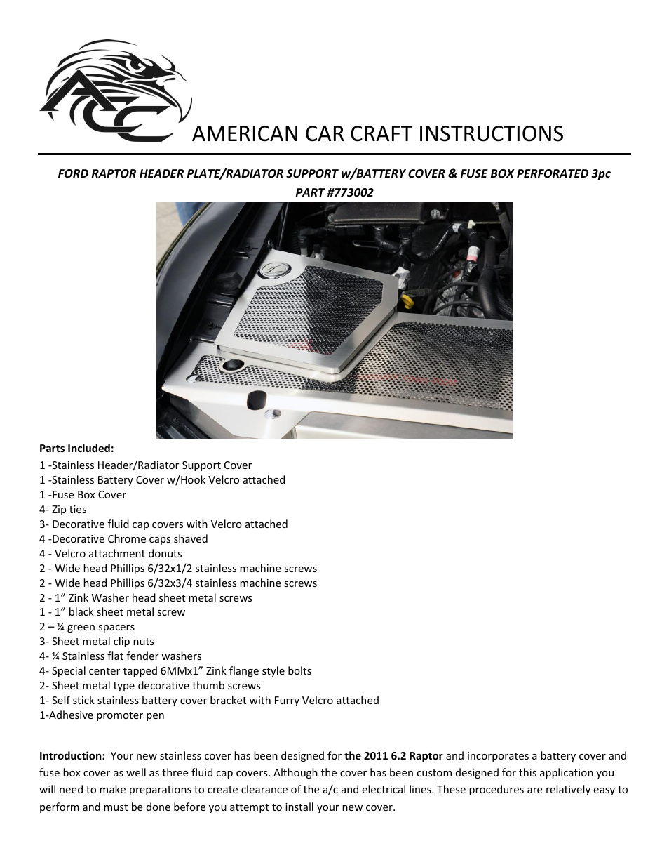 American Car Craft Ford Raptor Header Plate with Battery Cover & Fuse Box Perforated 2010-2013 User Manual | 4 pages