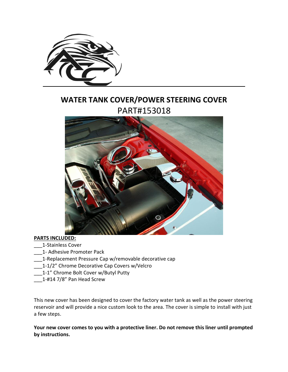 American Car Craft Challenger Water Tank_Power Steering Cover Polished 5.7L _ SRT8 6.1L 2008-2011 User Manual | 2 pages