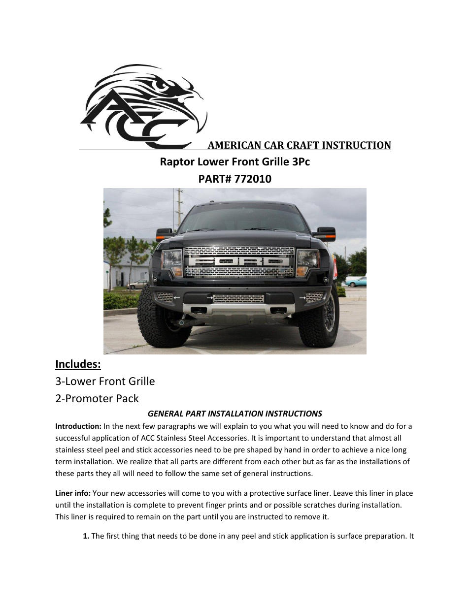American Car Craft Ford Raptor Lower Front Grille Polished 3Pc 2010-2013 User Manual | 2 pages
