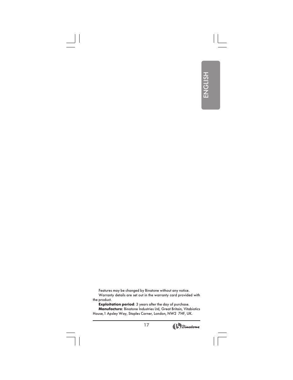 English | Binatone FS-212 User Manual | Page 17 / 66