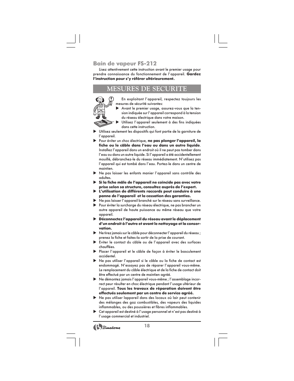 Mesures de securite, Bain de vapeur fs 212 | Binatone FS-212 User Manual | Page 18 / 66