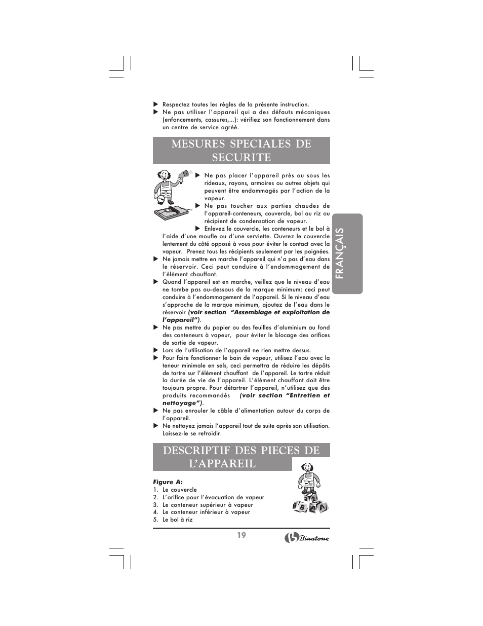 Français, Mesures speciales de securite, Descriptif des pieces de l’appareil | Binatone FS-212 User Manual | Page 19 / 66
