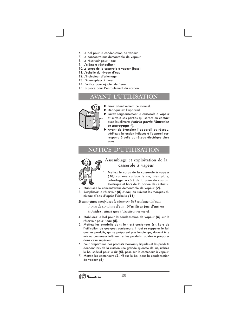 Avant l’utilisation, Notice d’utilisation | Binatone FS-212 User Manual | Page 20 / 66