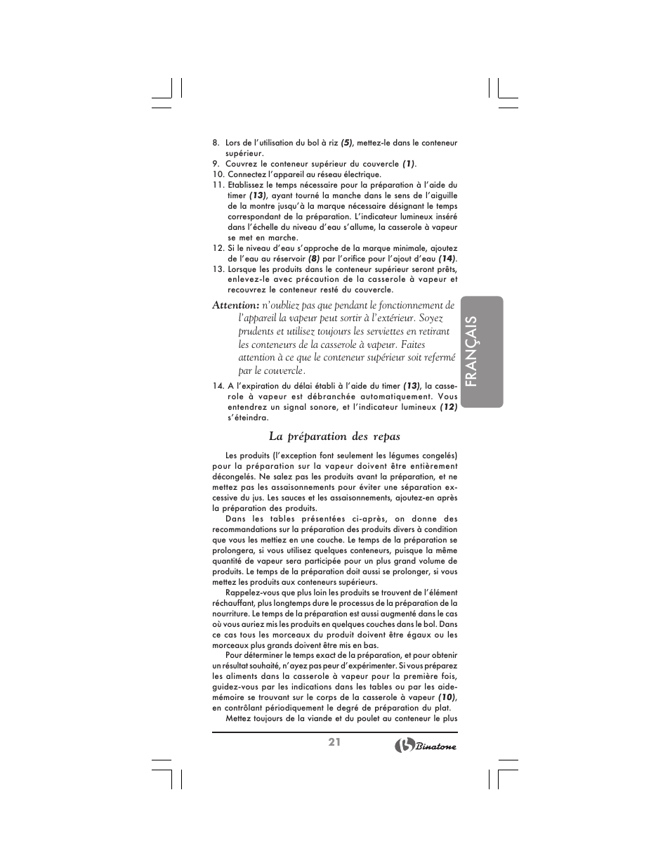 Français, La préparation des repas | Binatone FS-212 User Manual | Page 21 / 66
