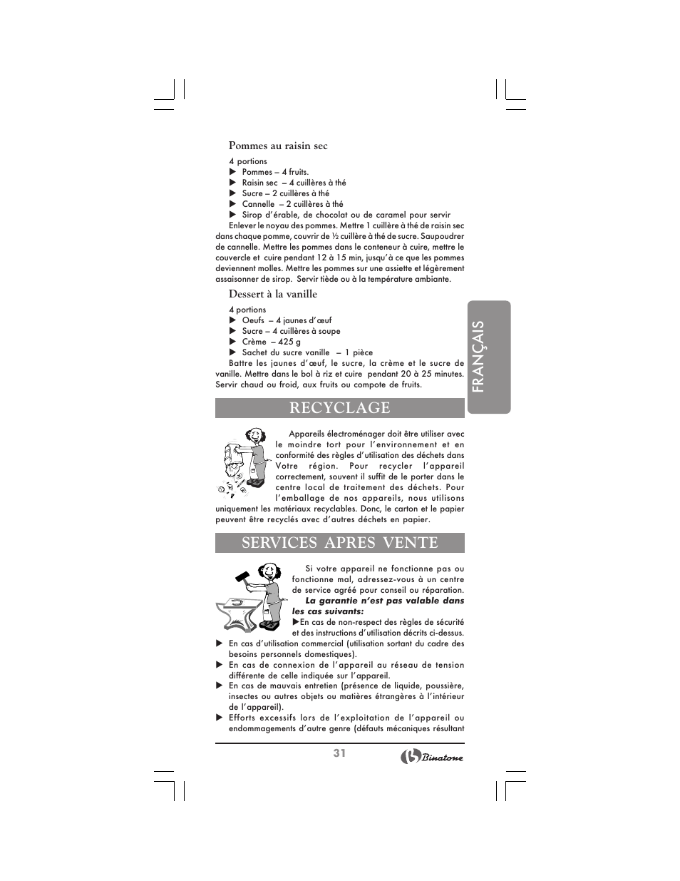 Français, Recyclage, Services apres vente | Binatone FS-212 User Manual | Page 31 / 66