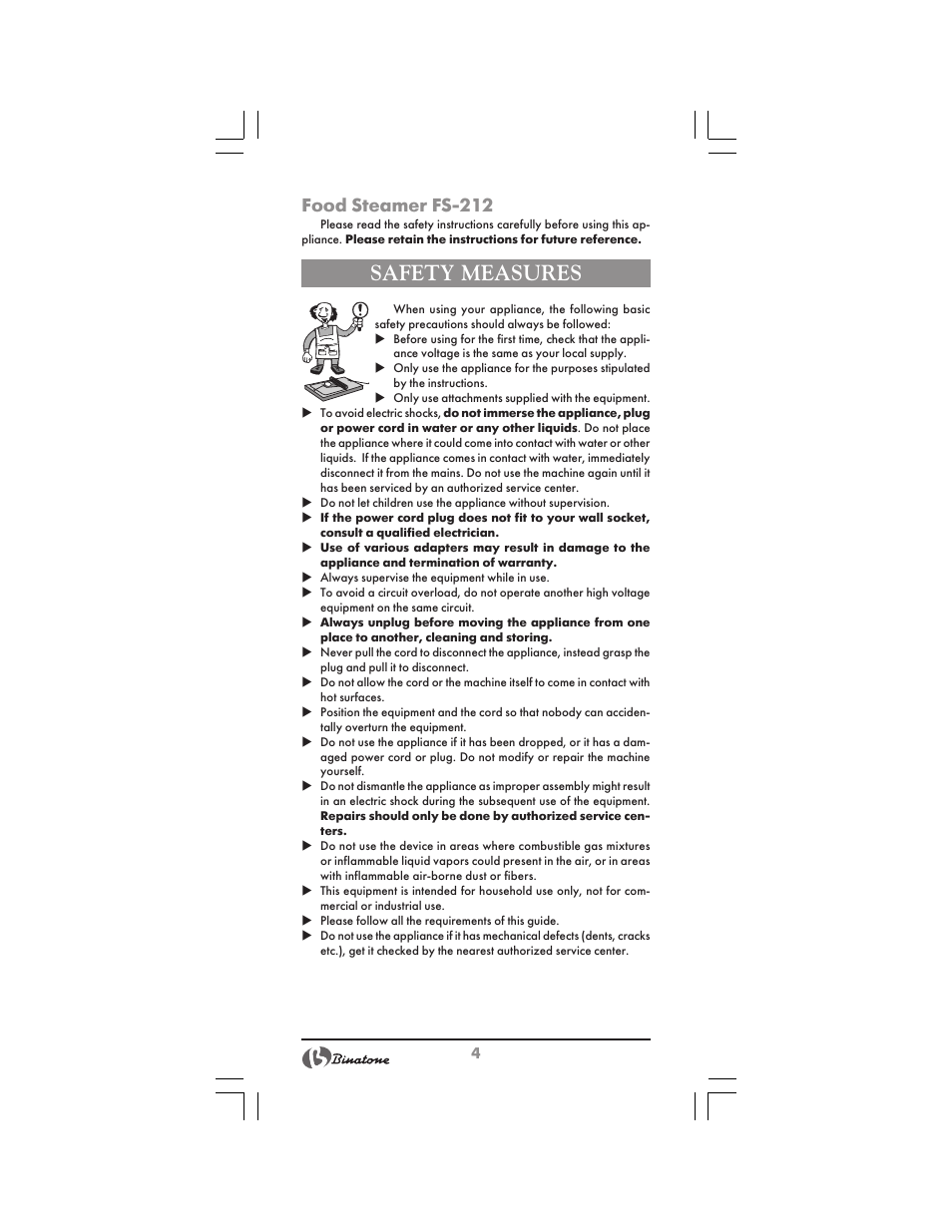 Safety measures, Food steamer fs 212 | Binatone FS-212 User Manual | Page 4 / 66