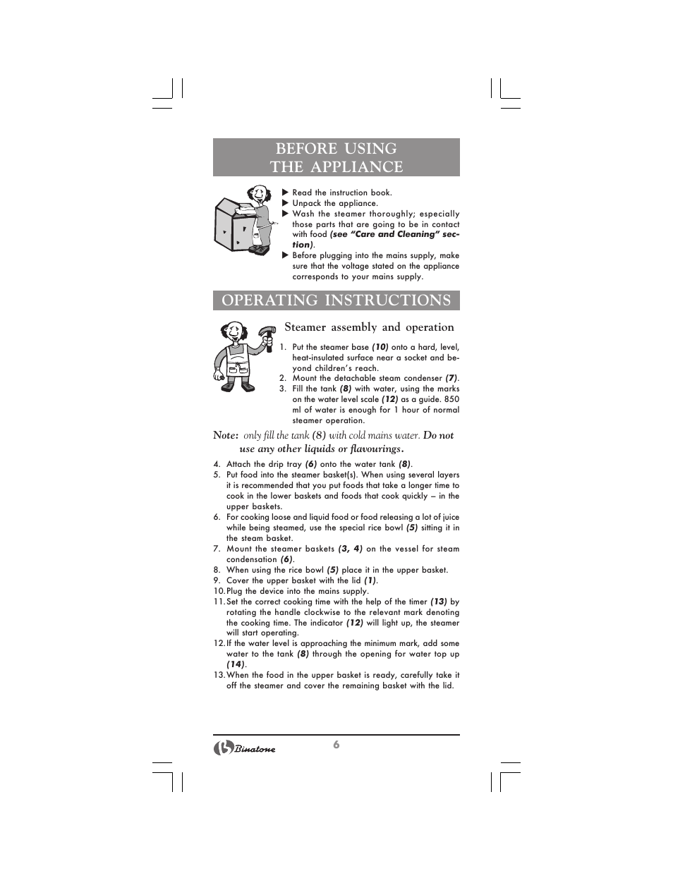 Before using the appliance, Operating instructions | Binatone FS-212 User Manual | Page 6 / 66