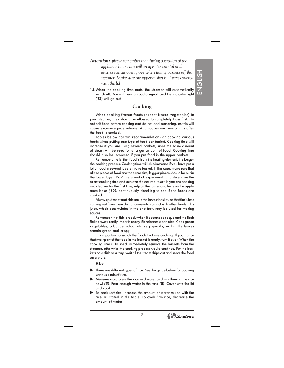 English, Cooking | Binatone FS-212 User Manual | Page 7 / 66