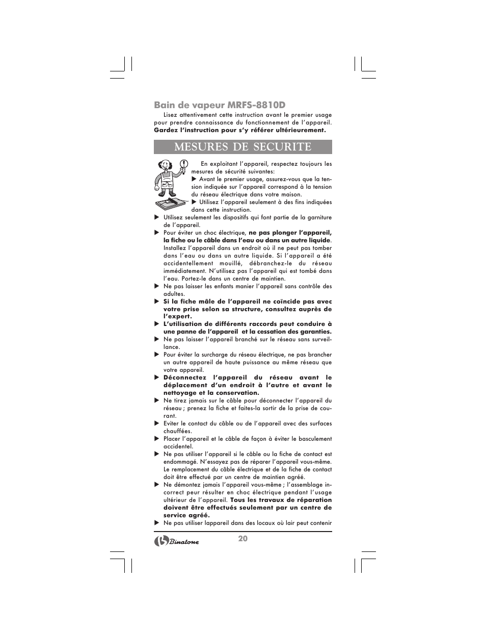 Mesures de securite, Bain de vapeur mrfs 8810d | Binatone MRFP-8810 D User Manual | Page 20 / 72