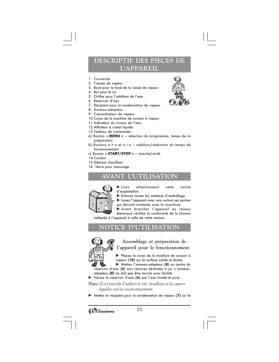 Descriptif des pieces de l’appareil, Avant l’utilisation, Notice d’utilisation | Binatone MRFP-8810 D User Manual | Page 22 / 72