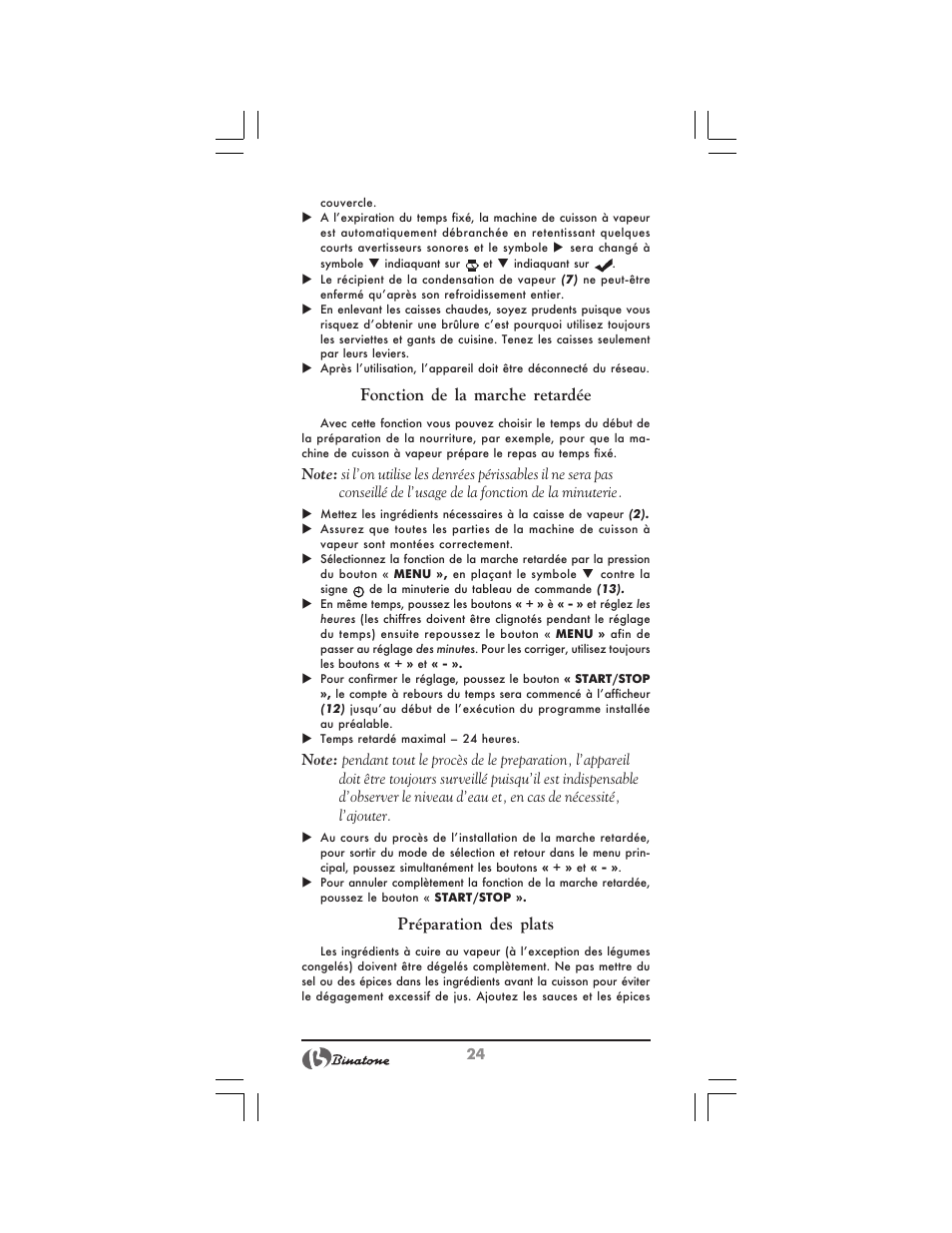 Fonction de la marche retardée, Préparation des plats | Binatone MRFP-8810 D User Manual | Page 24 / 72