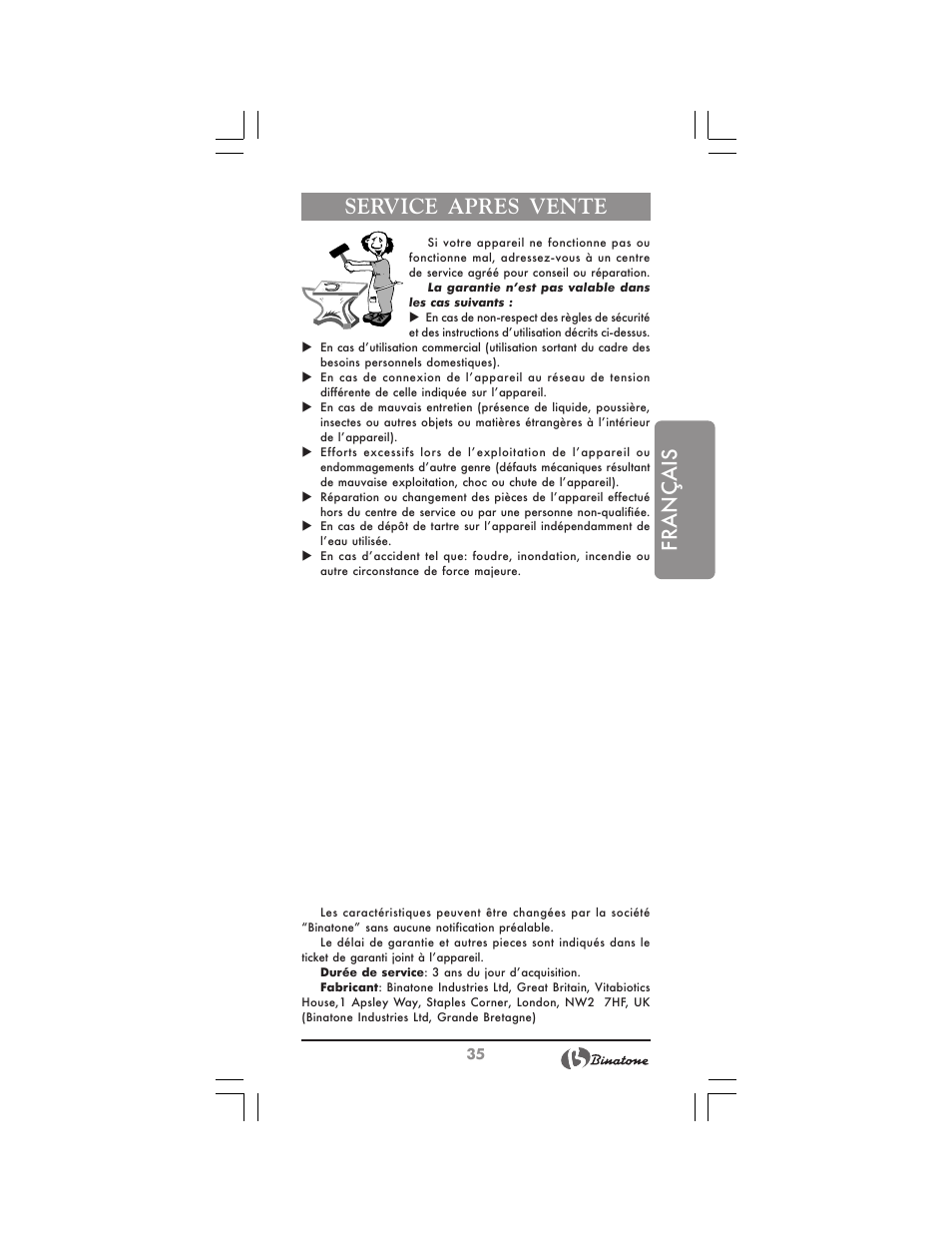 Français, Service apres vente | Binatone MRFP-8810 D User Manual | Page 35 / 72