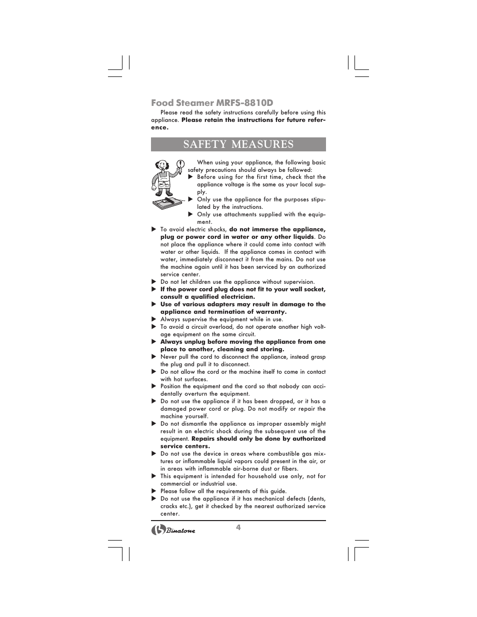 Safety measures, Food steamer mrfs-8810d | Binatone MRFP-8810 D User Manual | Page 4 / 72