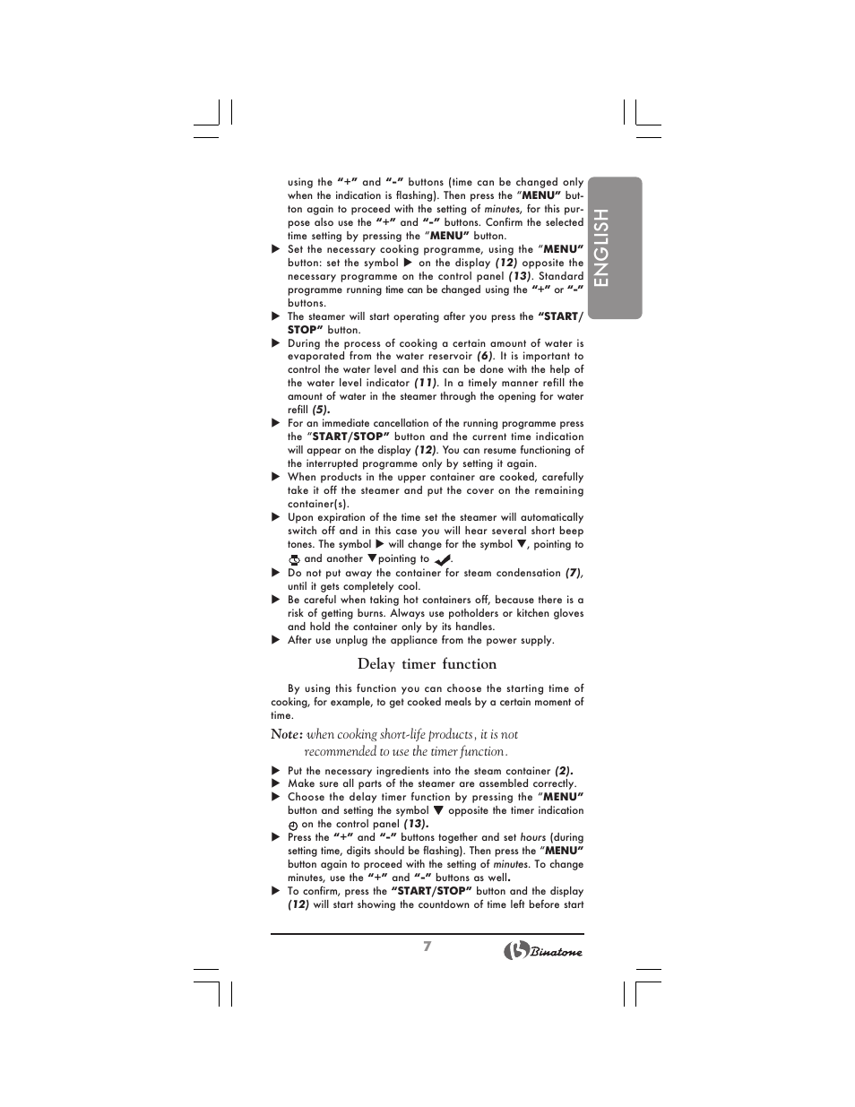 English, Delay timer function | Binatone MRFP-8810 D User Manual | Page 7 / 72
