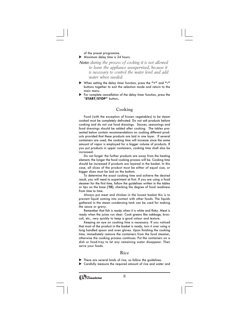 Cooking, Rice | Binatone MRFP-8810 D User Manual | Page 8 / 72